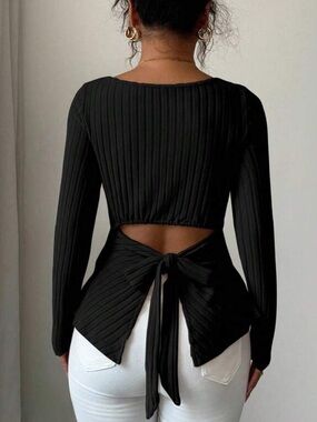 Black Ribbed Long-Sleeve Tie-Back Top